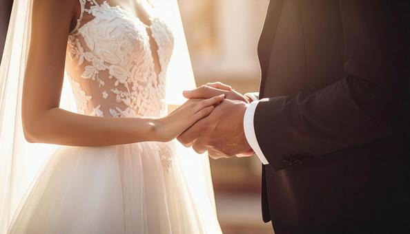 挙式で手を取り合う新郎新婦  挙式で手を取り合う新郎新婦の写真