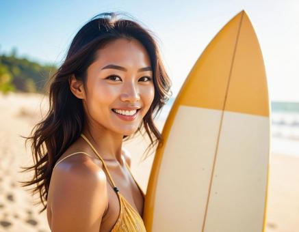 海でサーフボードを持った笑顔の女性 海でサーフボードを持った笑顔の女性の写真