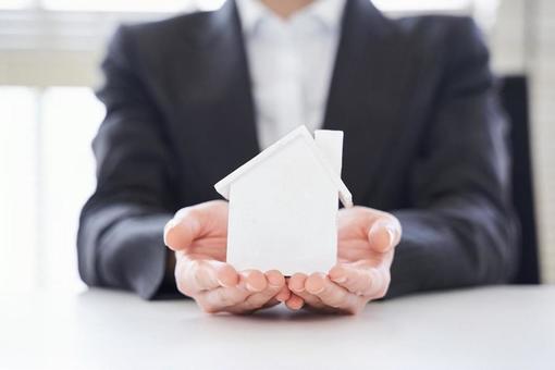 Real estate salesman with a house object, immobilien, verkauf, verkäufer, JPG