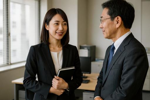 上司と話す女性社員 上司と話す女性社員の写真