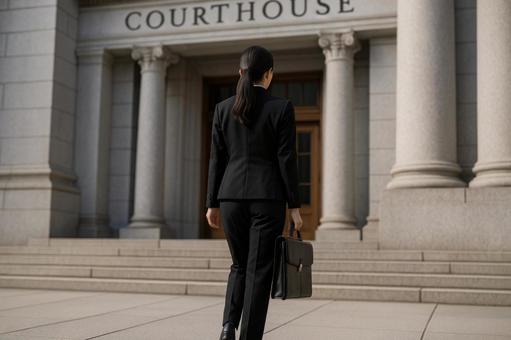 裁判室に入る女性証人 裁判室に入る女性証人の写真