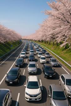 桜並木の高速渋滞 桜並木の高速渋滞の写真