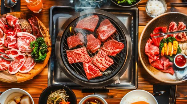 真上から見た焼肉 真上から見た焼肉の写真