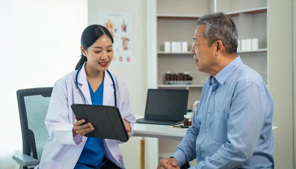 レントゲン写真を患者男性に見せる医師 レントゲン写真を患者男性に見せる医師の写真