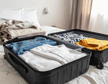 キャリーケースに衣服をパッキングしているの写真
