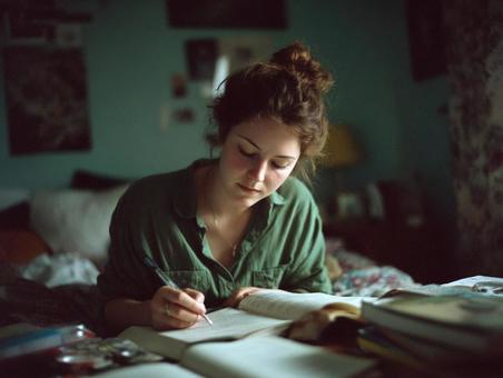 部屋で勉強に取り組む学生のポートレート 部屋で勉強に取り組む学生のポートレートの写真