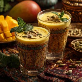 ミントとナッツを添えたマンゴーラッシーの写真