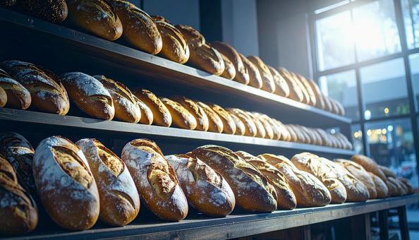 店頭で売られているフランスパン 店頭で売られているフランスパンの写真