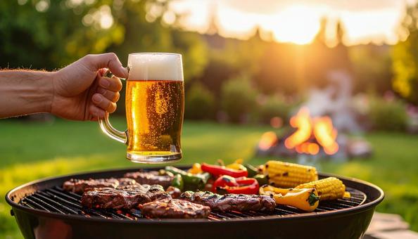 ビールで乾杯するバーベキュー ビールで乾杯するバーベキューの写真