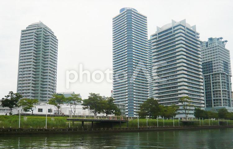 船から見た川沿いのビル群 横浜,風景,景色の写真素材