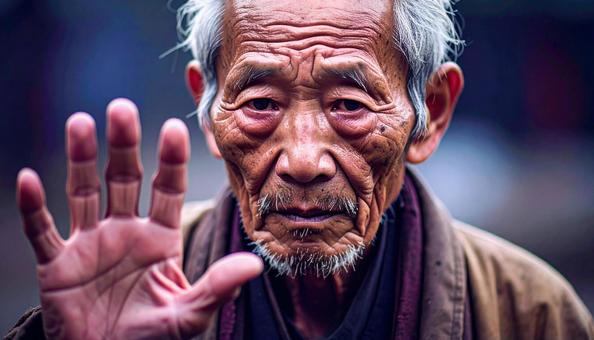 拒否するジェスチャーのおじいさんの写真