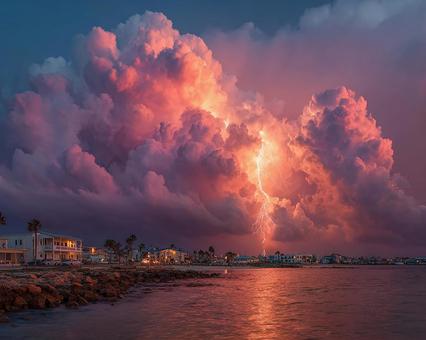 稲妻が照らす劇的な夕焼けの雷雨 稲妻が照らす劇的な夕焼けの雷雨の写真