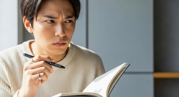 ペンを持ち考え込む若者の勉強シーンの写真