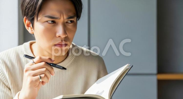 ペンを持ち考え込む若者の勉強シーン 男性,若者,学生の写真素材