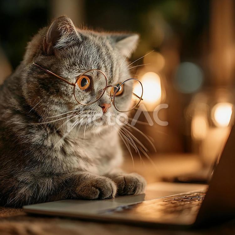 知的な雰囲気の猫とデジタル機器 猫,メガネ,ノートパソコンの写真素材