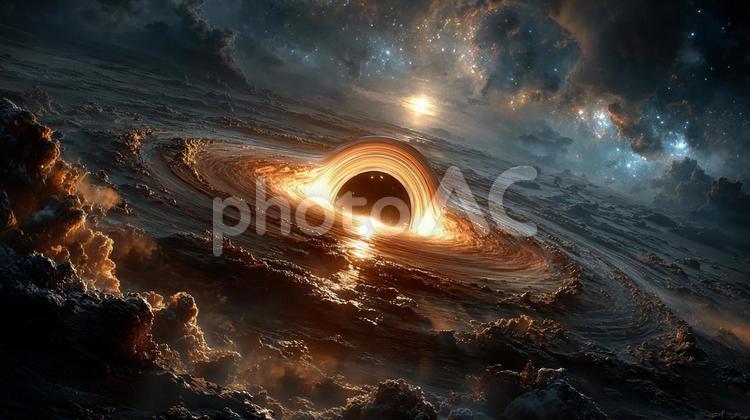宇宙の神秘：光り輝くブラックホールの渦 ブラックホール,宇宙,銀河の写真素材