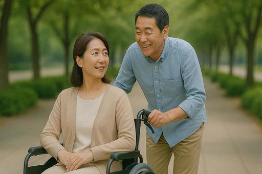 車椅子の女性と介助する男性の写真