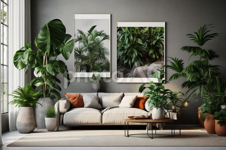 おしゃれな観葉植物とソファのあるリビング 部屋,長いす,家具の写真素材