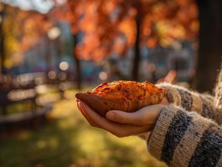 焼き芋と秋の公園風景の写真