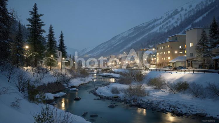 架空の冬の温泉街、旅館 村,雪,冬の写真素材