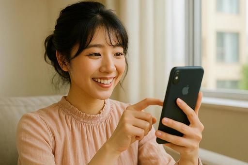 スマホを使う笑顔の女性 スマホを使う笑顔の女性の写真