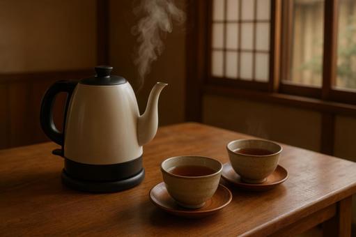 電気ケトルとティータイムの写真