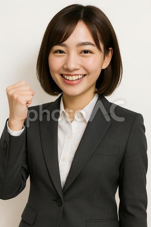 ガッツポーズのスーツ姿の女性会社員 スーツ,女性,ガッツポーズの写真素材