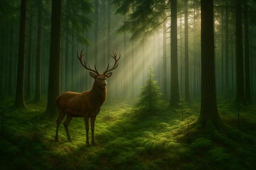 光の森と佇む鹿 光の森と佇む鹿の写真