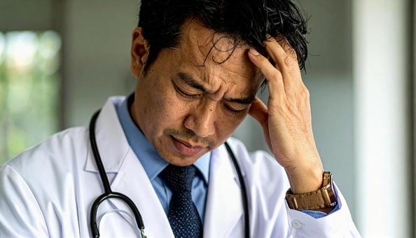 頭をぐしゃぐしゃにして悩む日本人男性医師 頭をぐしゃぐしゃにして悩む日本人男性医師の写真