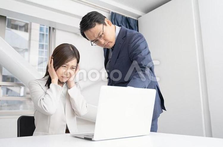 A male businessman who scolds power harassment in the office and a business woman who is worried, JPG A male businessman who scolds power harassment in the office and a business woman who is worried, power hara, male, men and women, JPG