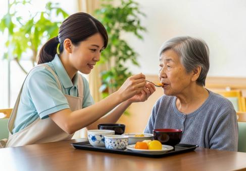女性介護士が高齢女性に食事介助する場面 女性介護士が高齢女性に食事介助する場面の写真