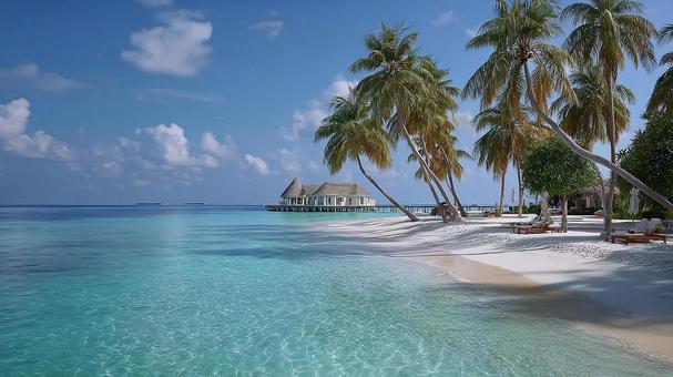 白い砂浜と透明な海、贅沢なリゾート風景の写真